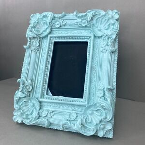 Ornate Baroque Picture Frame Turquoise Blue MCM 3.5x5.5 Resin Distressed Art